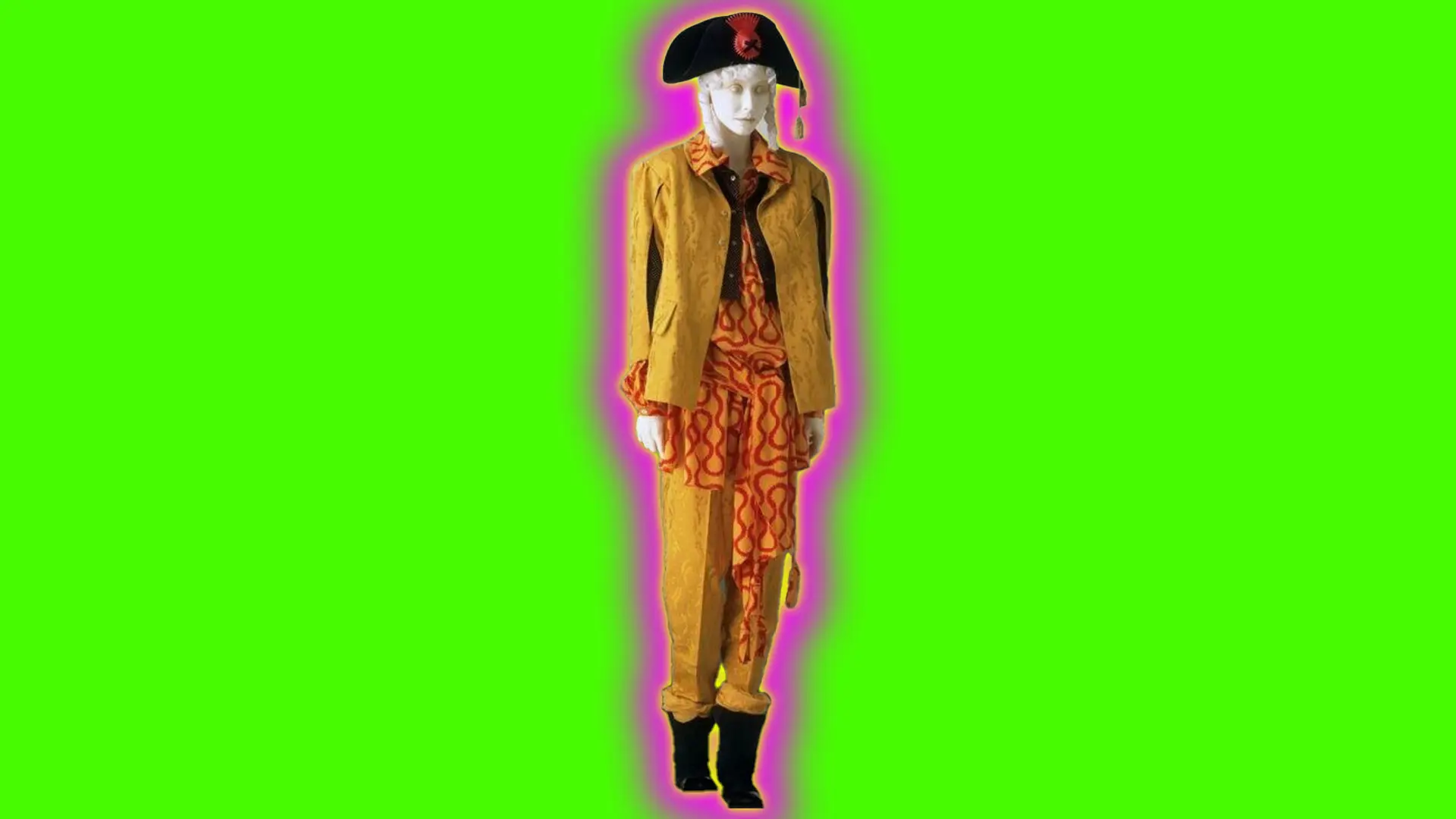 A photo of a Vivienne Westwood design of a gold and yellow pirate costume on a white mannequin, complete with black pirate hat and boots set against a neon green background with pink and yellow halo.