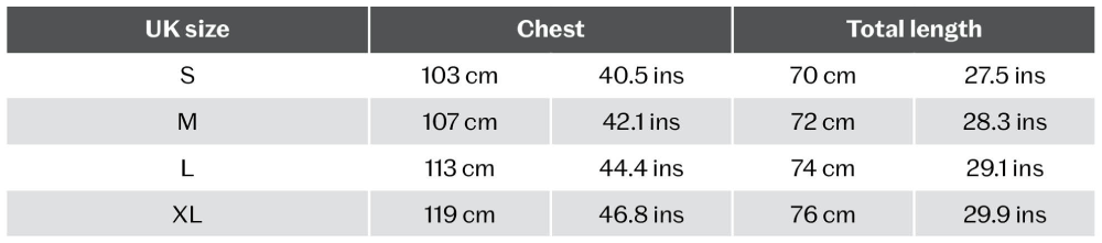 table listing measurements by size for V&A t-shirts