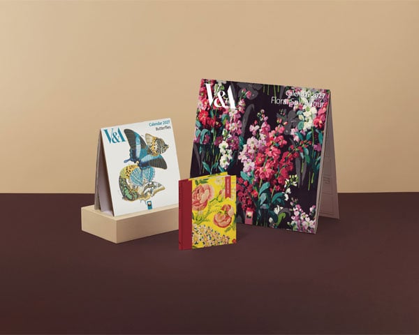 Two wall calendars and a pocket diary with images from the V&A archive.