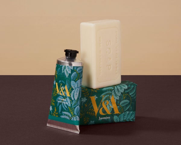 Soap bars and hand creams wrapped in floral patterns from the V&A museum archive.