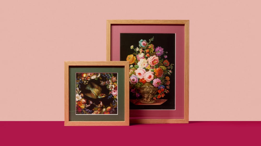 Two framed reproductions of highly decorative floral micromosaics in the Gilbert Gallery collection, V&A South Kensington