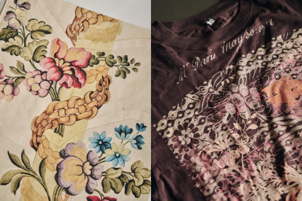 Patternwork; left from a 19th century fabric design, right reproduced as a layered artwork on a tshirt