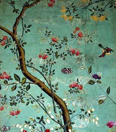 Chinese wallpaper with flowering shrubs and bees