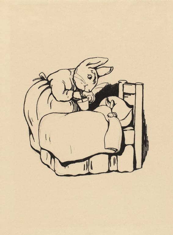 Mrs Rabbit giving medicine to Peter