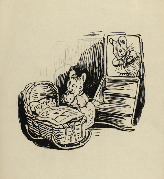 The mouse Hunca Munca with cradle