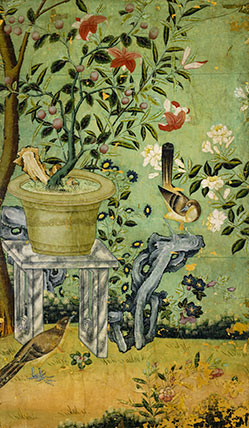 Chinese painted wallpaper with flowering shrubs, birds and butterflies