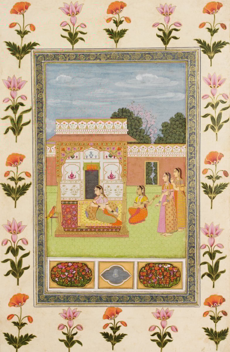 Ladies in a courtyard with a parrot