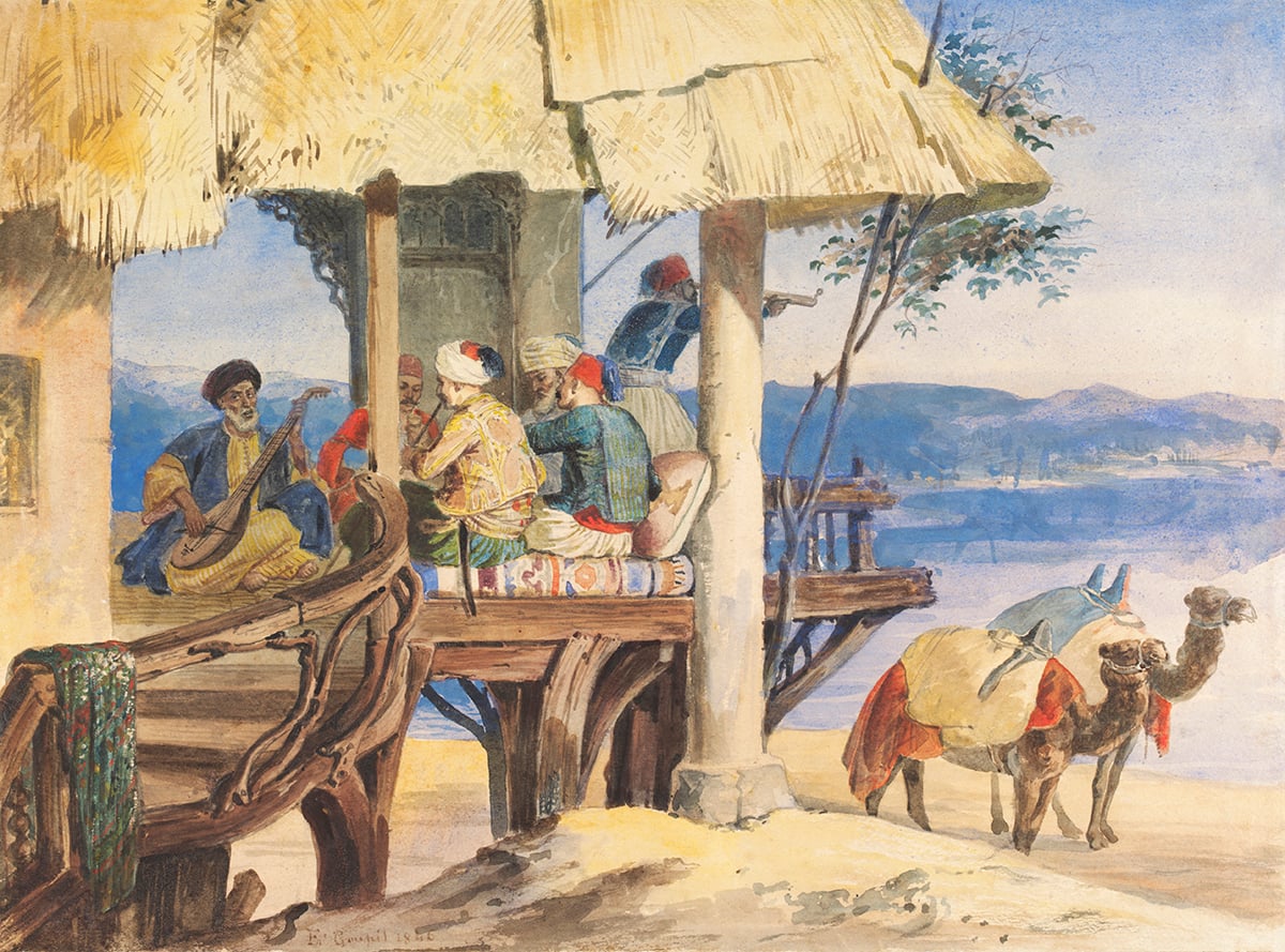 Turkish musicians in a coffee-house overlooking the Bosphorus