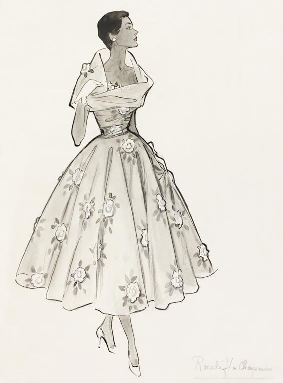 Roecliff & Chapman short evening dress, fashion illustration