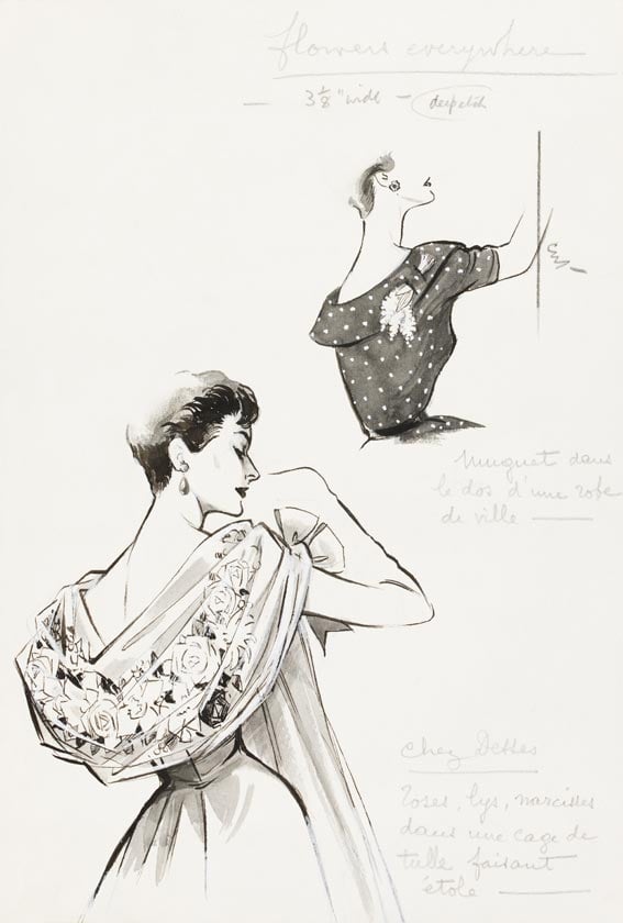 Jean Desses evening dress and day dress, fashion illustration