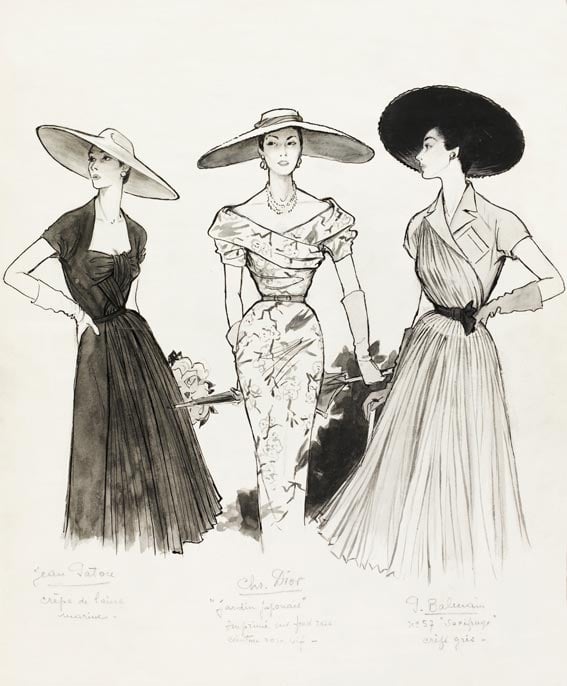 Balmain, Dior and Patou garden party dresses, fashion illustration