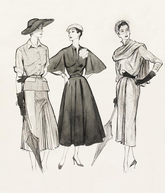 Fleure, Cameo and Marcus day dresses, fashion illustration