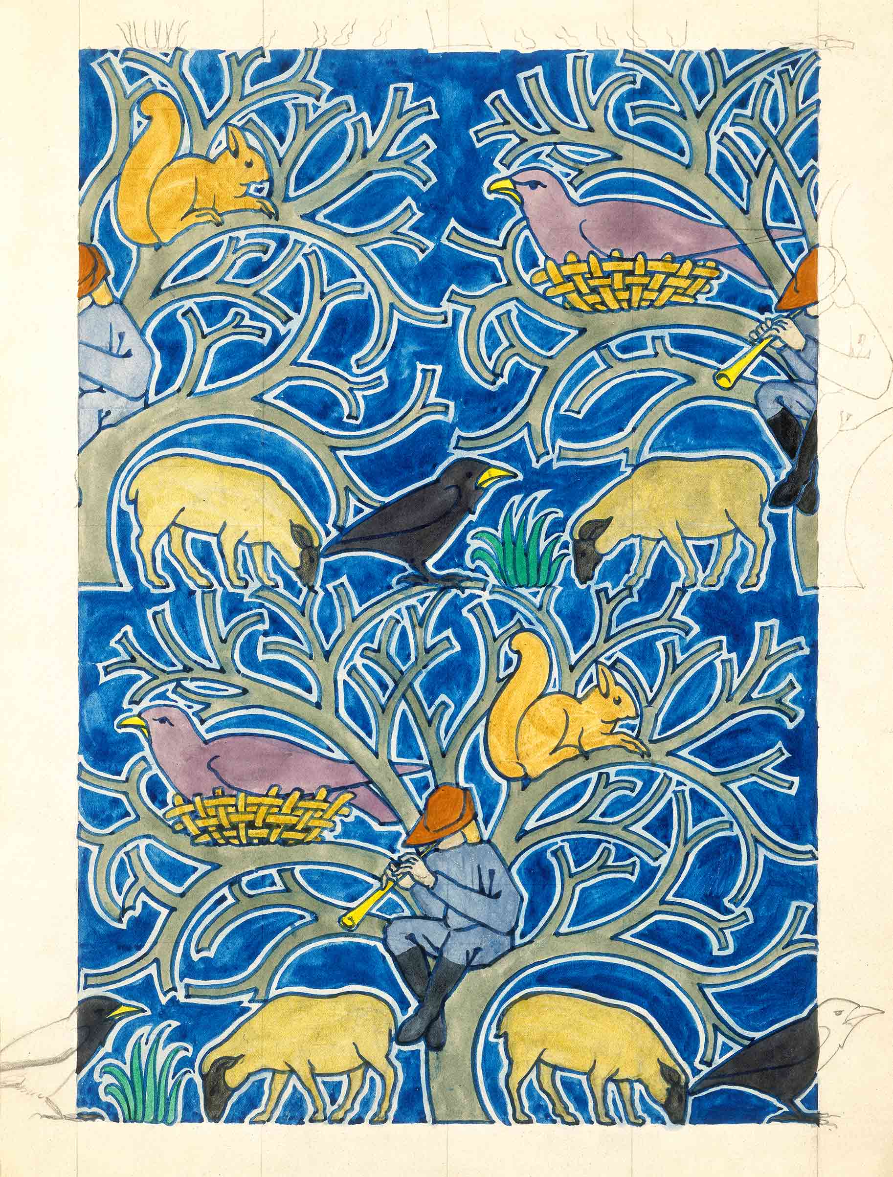 Piping boy with various birds and animals in tree branches