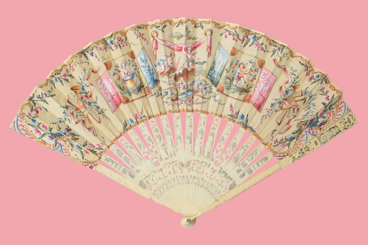 Painted fan with cupids, bows and musicians
