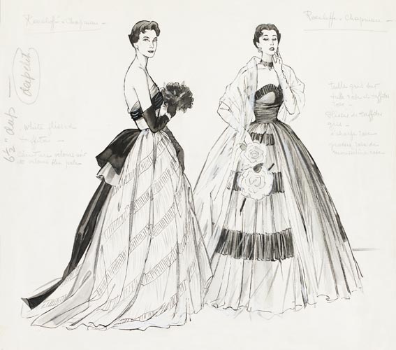 Roecliffe & Chapman crinoline evening gowns, fashion illustration