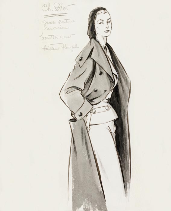 Christian Dior suit and overcoat, fashion illustration