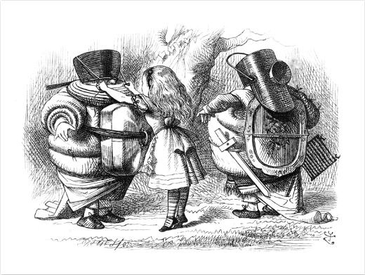 Alice arming Tweedledum and Tweedledee