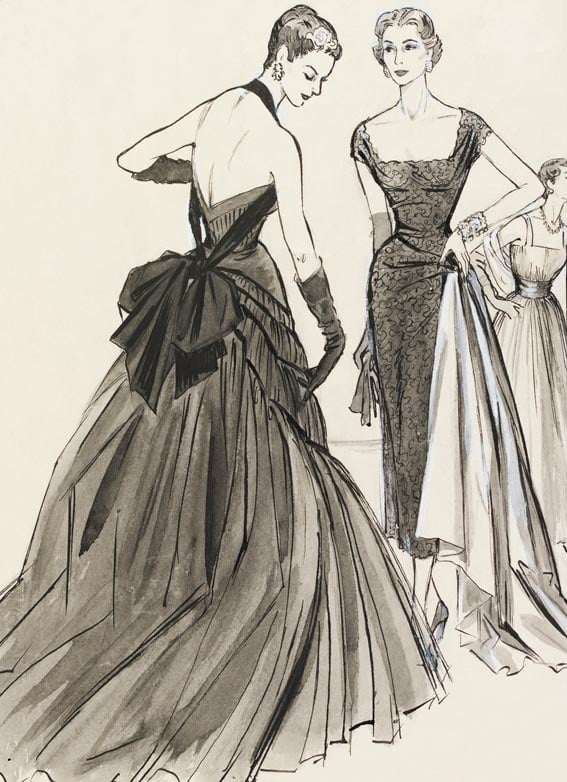 Norman Hartnell and John Cavanagh evening gowns, fashion illustration