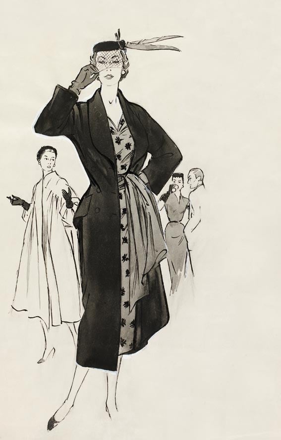 Charles Creed coat and dress ensemble, fashion illustration