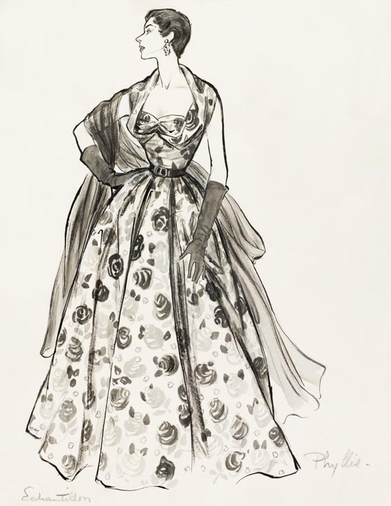 Phyllis Taylor evening gown, fashion illustration