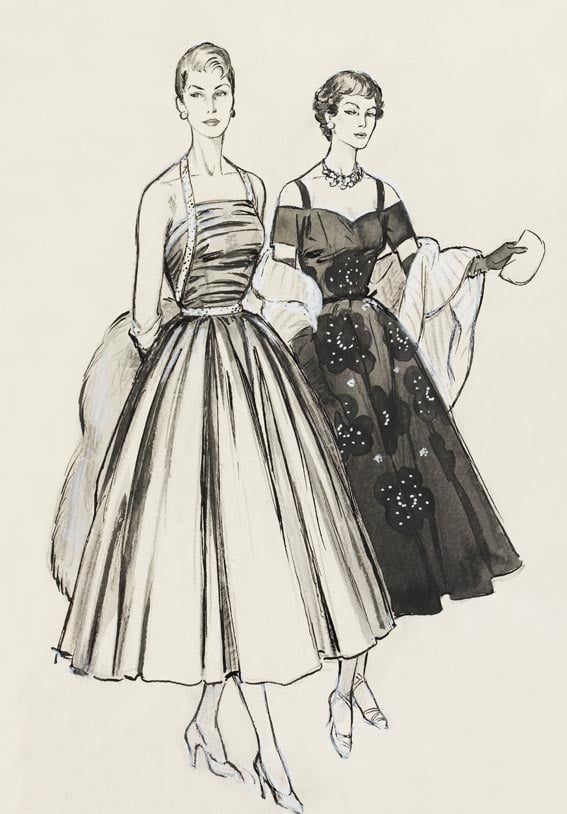 Worth London and Victor Stiebel short evening dresses, fashion illustration