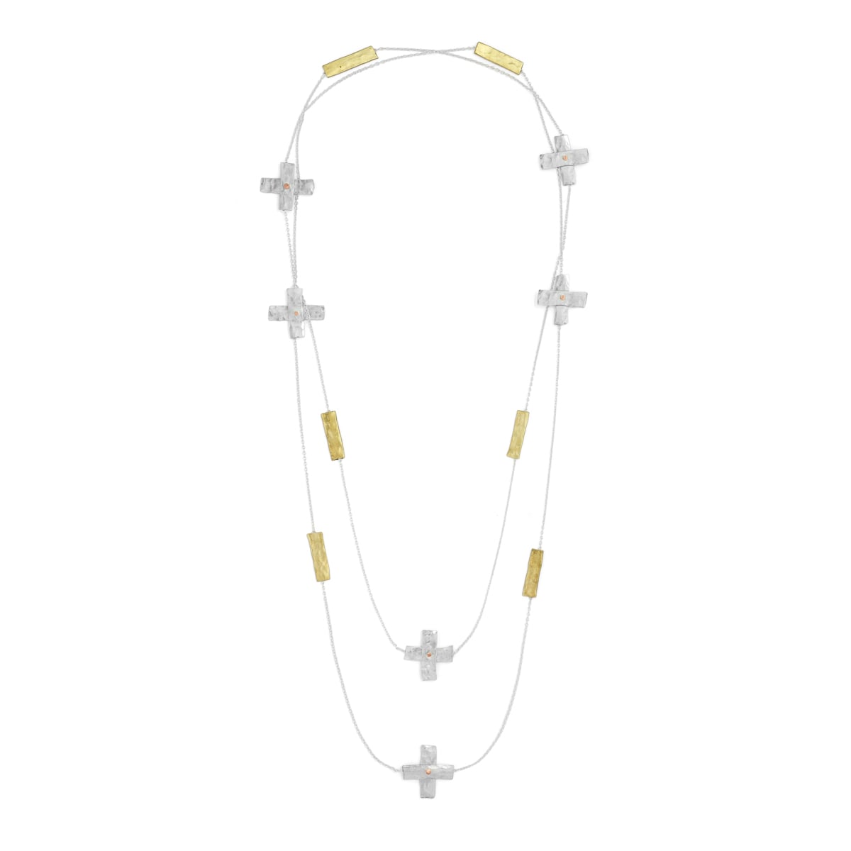 Long mixed metal necklace by Kate Trouw
