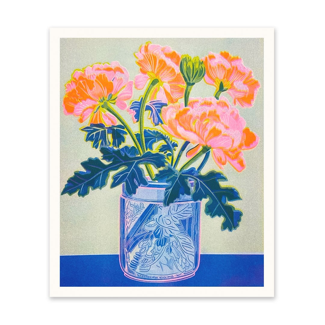 Neon peonies risograph - 10 x 12 " print