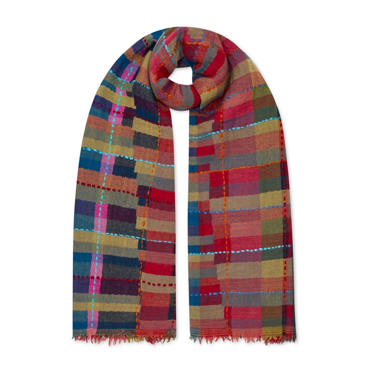 Multicoloured embroidered checked wool scarf