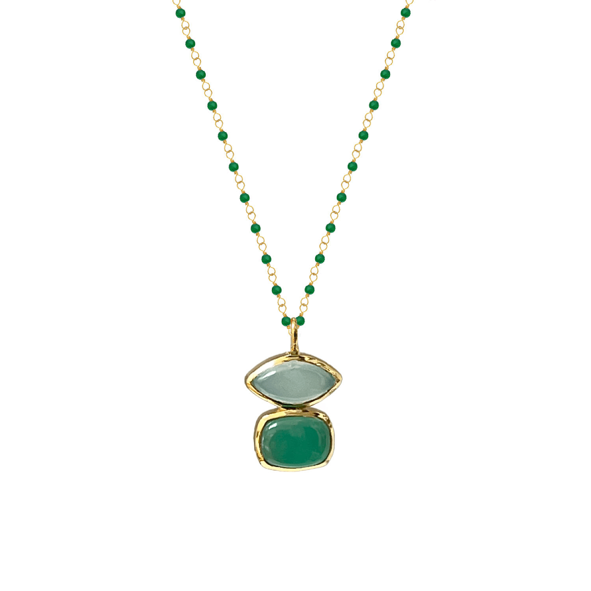 Green onyx and aqua chalcedony rosary necklace by Mirabelle