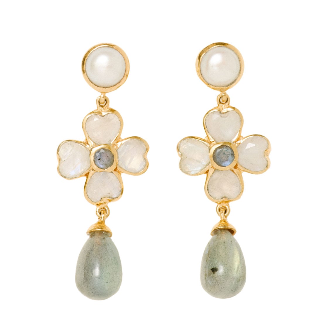 Moonstone, green amethyst and pearl flower earrings by Carousel Jewels