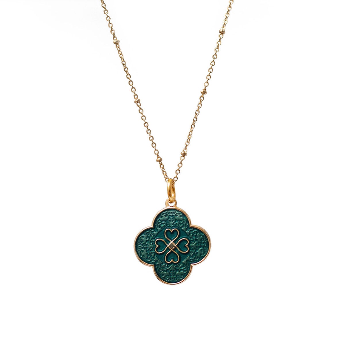 Green enamel petal pendant necklace by Mirabelle