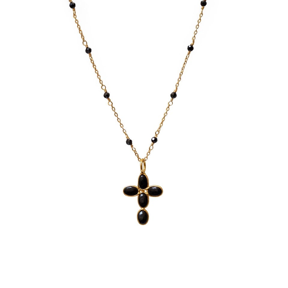 Black onyx cross rosary necklace by Mirabelle