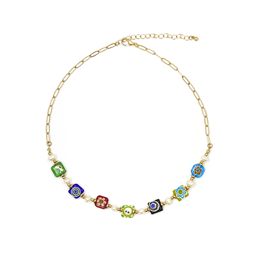 Multicoloured Murano glass and pearl necklace