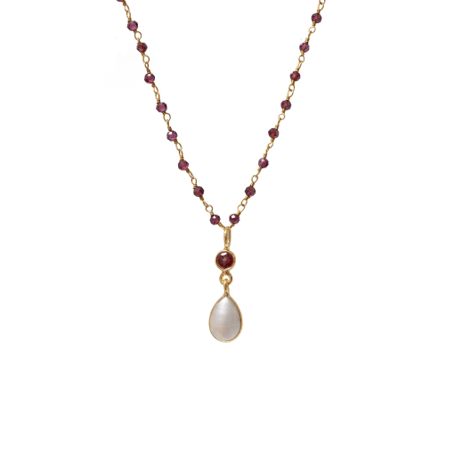 Garnet and pearl rosary necklace by Mirabelle