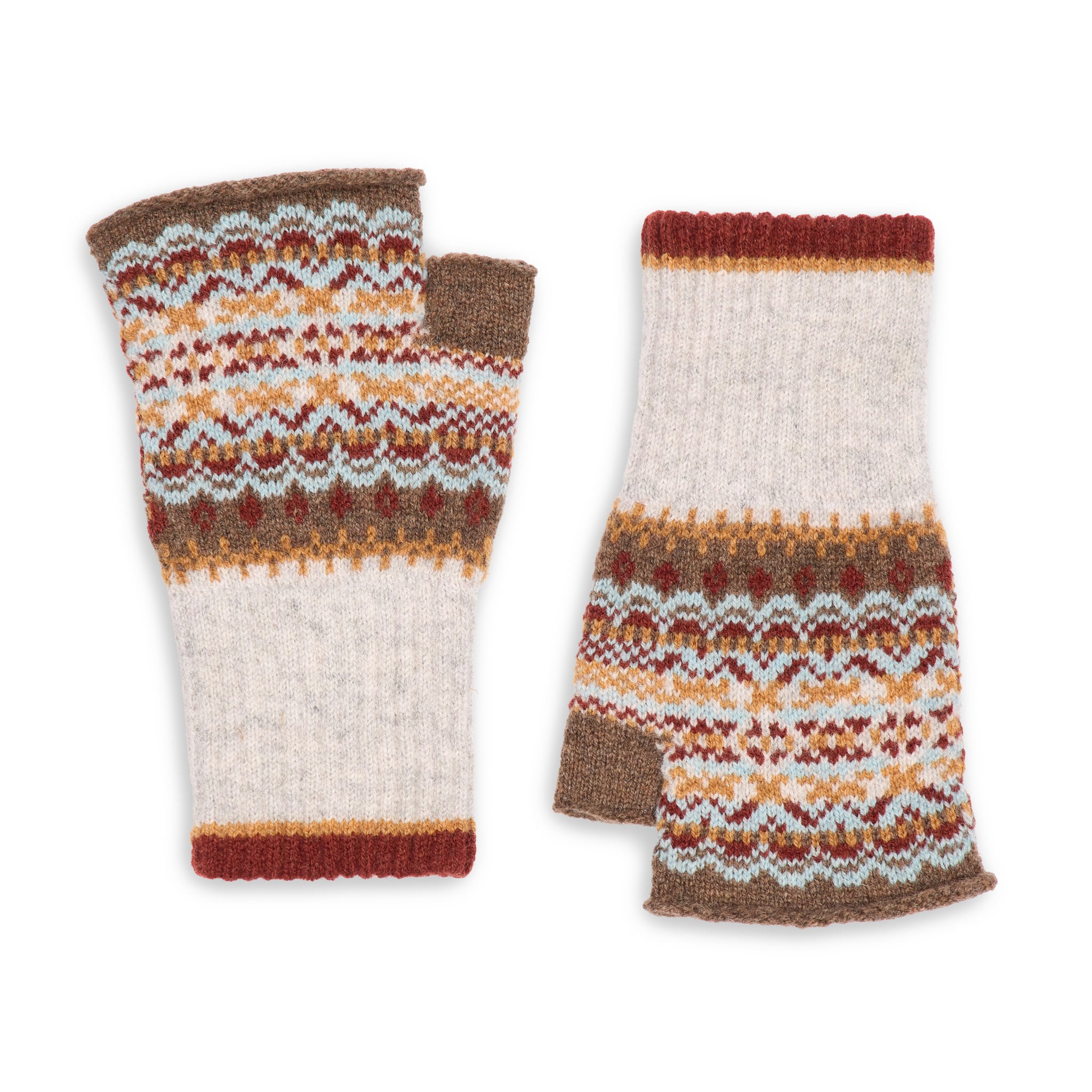 Cream Fair Isle fingerless wool gloves